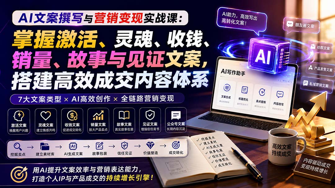 AI文案撰写与营销变现实战课：掌握激活、灵魂、收钱、销量、故事与见证文案，搭建高效成交内容体系-985网创