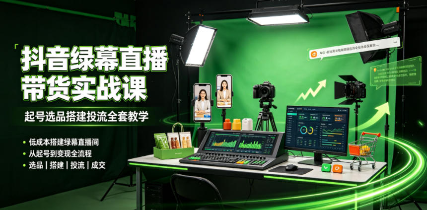 某社群抖音绿幕直播带货实战课，起号选品搭建投流全套教学，低成本搭建绿幕直播间-985网创