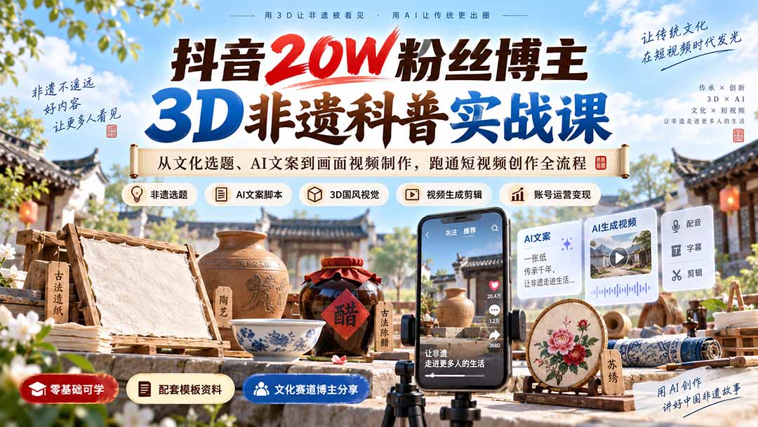 抖音20W粉丝博主3D非遗科普实战课：从文化选题、AI文案到画面视频制作，跑通短视频创作全流程-985网创