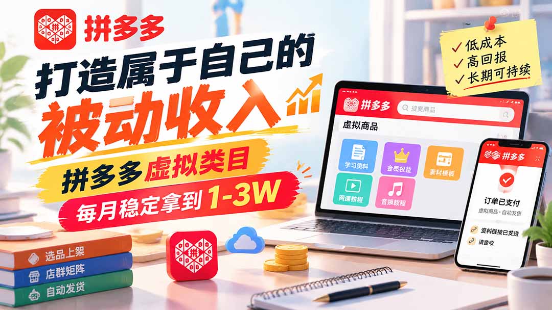 打造属于自己的被动收入，拼多多虚拟类目，每月稳定拿到 1-3W-985网创