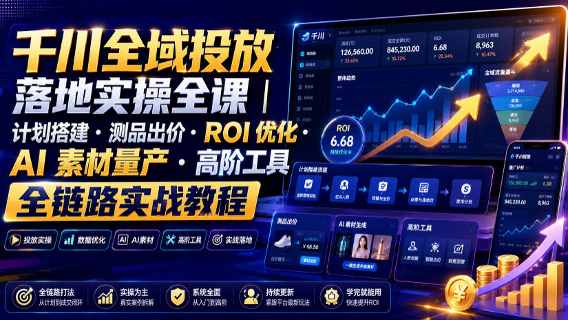 千川全域投放落地实操全课｜计划搭建・测品出价・ROI优化・AI素材量产・高阶工具全链路实战教程-985网创
