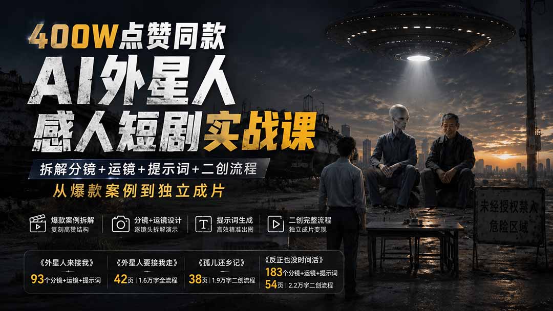 400W点赞同款AI外星人感人短剧实战课：拆解分镜+运镜+提示词+二创流程，从爆款案例到独立成片-985网创