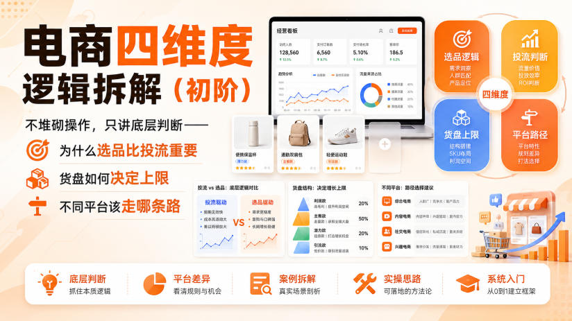 电商四维度逻辑拆解(初阶)不堆砌操作，只讲底层判断——为什么选品比投流重要、货盘如何决定上限、不同平台该走哪条路-985网创