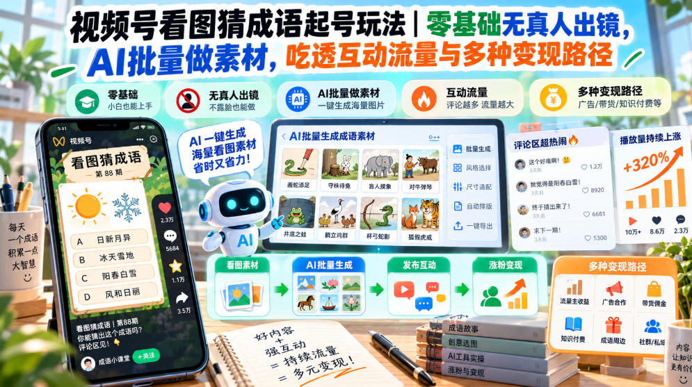 视频号看图猜成语起号玩法｜零基础无真人出镜，AI批量做素材，吃透互动流量与多种变现路径-985网创