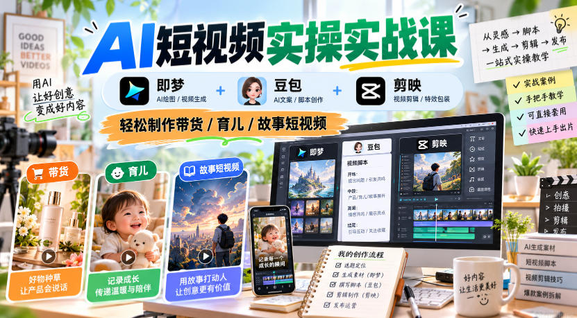 AI短视频实操实战课，即梦+豆包+剪映，轻松制作带货/育儿/故事短视频-985网创