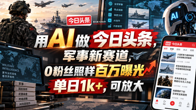 用AI做今日头条，军事新赛道，0粉丝照样百万曝光，单日1k+，可放大-985网创