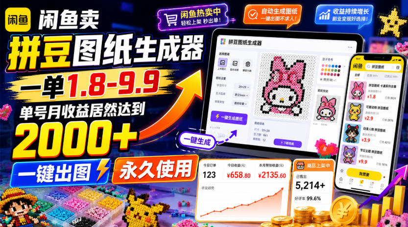 闲鱼卖拼豆图纸生成器，一单1.8-9.9，单号月收益居然达到2000+一键出图永久使用-985网创