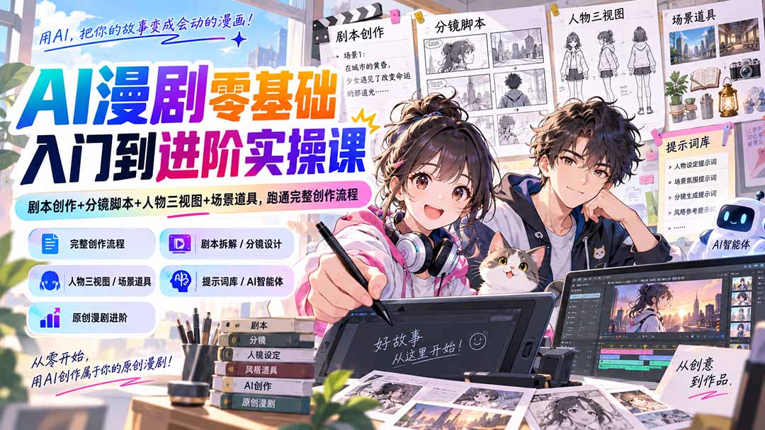 AI漫剧零基础入门到进阶实操课：剧本创作+分镜脚本+人物三视图+场景道具，跑通完整创作流程-985网创