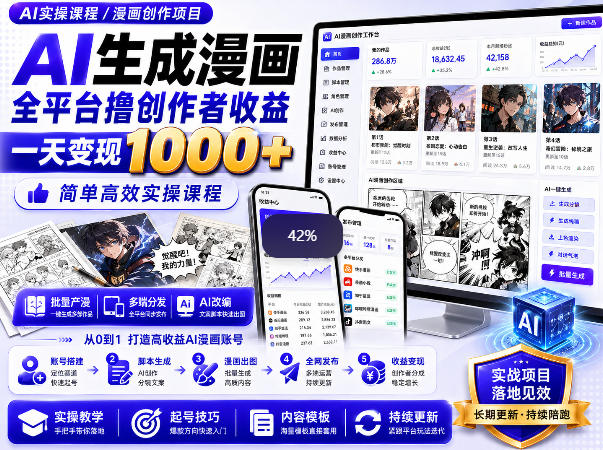 AI生成漫画全平台撸创作者收益内部课程，实操最高单日变现1k+-985网创