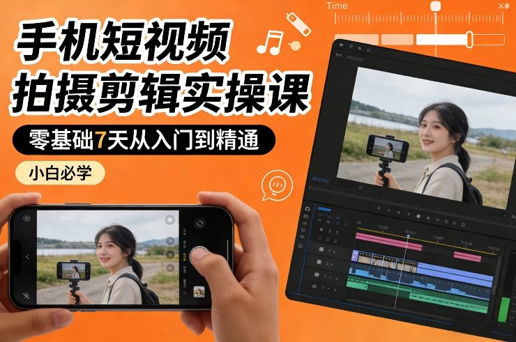 手机短视频拍摄剪辑实操课，零基础7天从入门到精通，小白必学-985网创