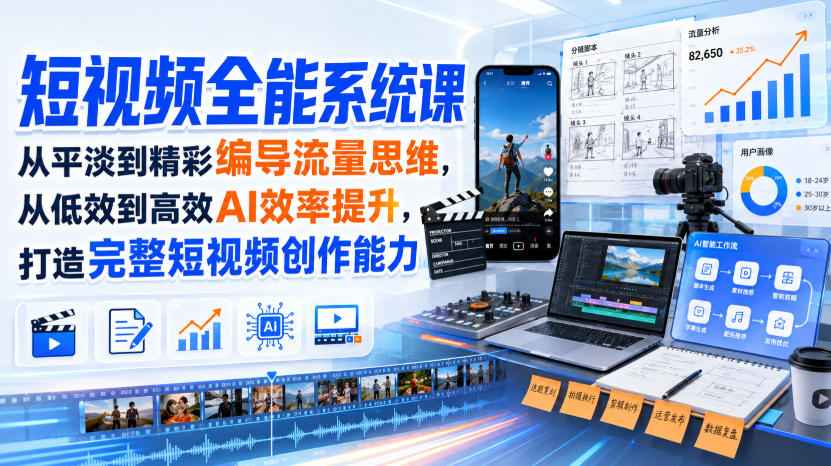 短视频全能系统课，从平淡到精彩编导流量思维，从低效到高效AI效率提升，打造完整短视频创作能力(2026年8月30更新233集)-985网创