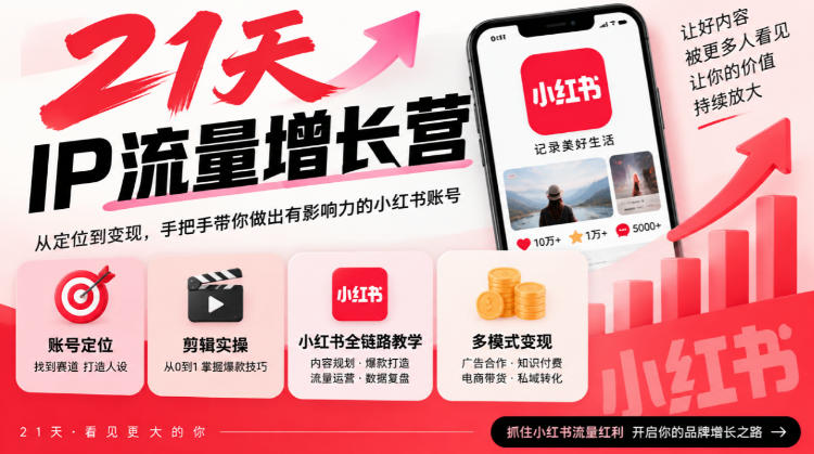 21天IP流量增长营，小红书全链路教学，账号定位剪辑实操，多模式变现系统课-985网创