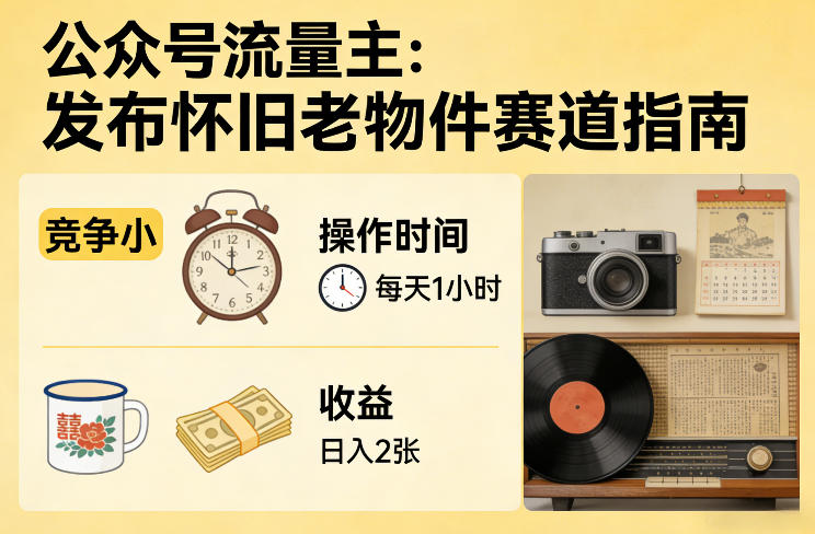 公众号流量主之发布怀旧老物件赛道，竞争小，每天操作1小时，日入2张-985网创