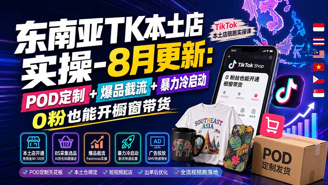 东南亚TK本土店实操-8月更新：POD定制+爆品截流+暴力冷启动，0粉也能开橱窗带货-985网创