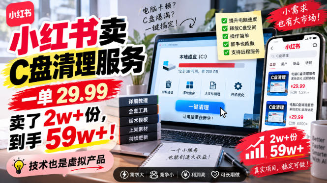 小红书卖C盘清理服务，一单29.99，卖了2w+份，技术也是虚拟产品-985网创