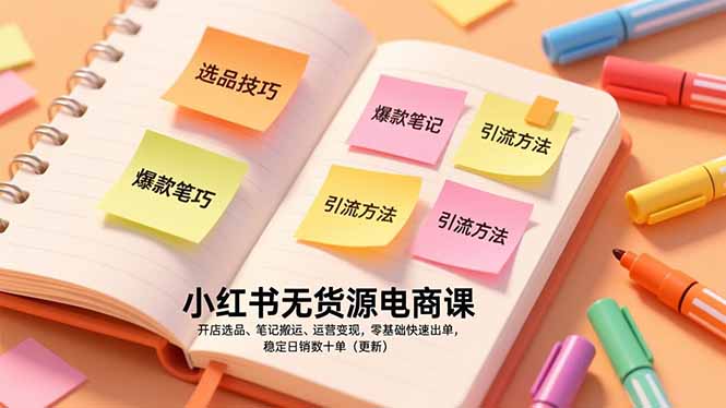小红书无货源电商课，开店选品、笔记搬运、运营变现，零基础快速出单，稳定日销数十单(更新-985网创