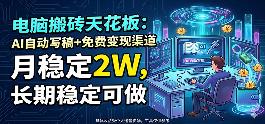电脑搬砖天花板：AI自动写稿+免费变现渠道，月稳定2W，长期稳定可做-985网创