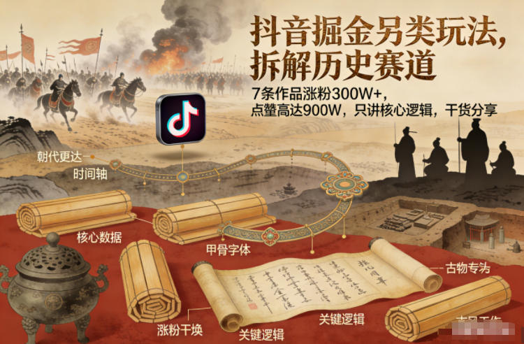 抖音掘金另类玩法，拆解历史赛道，7条作品涨粉300W+，点赞量高达900W，只讲核心逻辑，干货分享-985网创