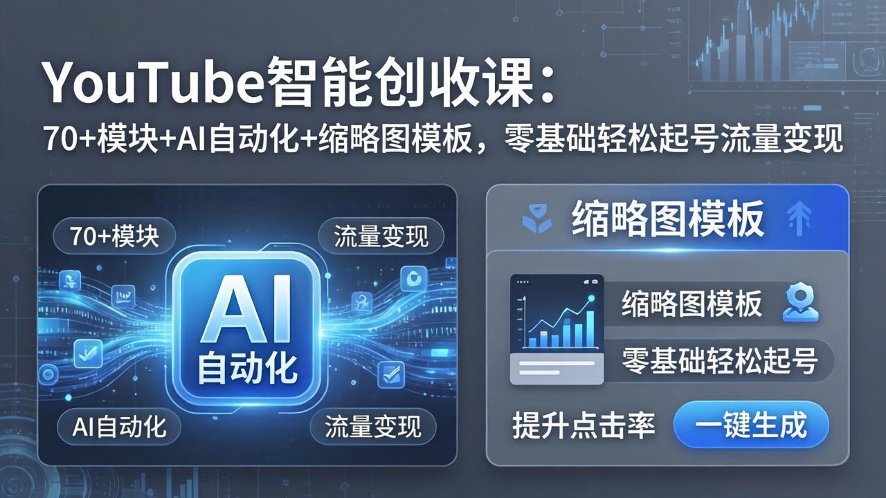 YouTube智能创收课：70+模块+AI自动化+缩略图模板，零基础轻松起号流量变现-985网创