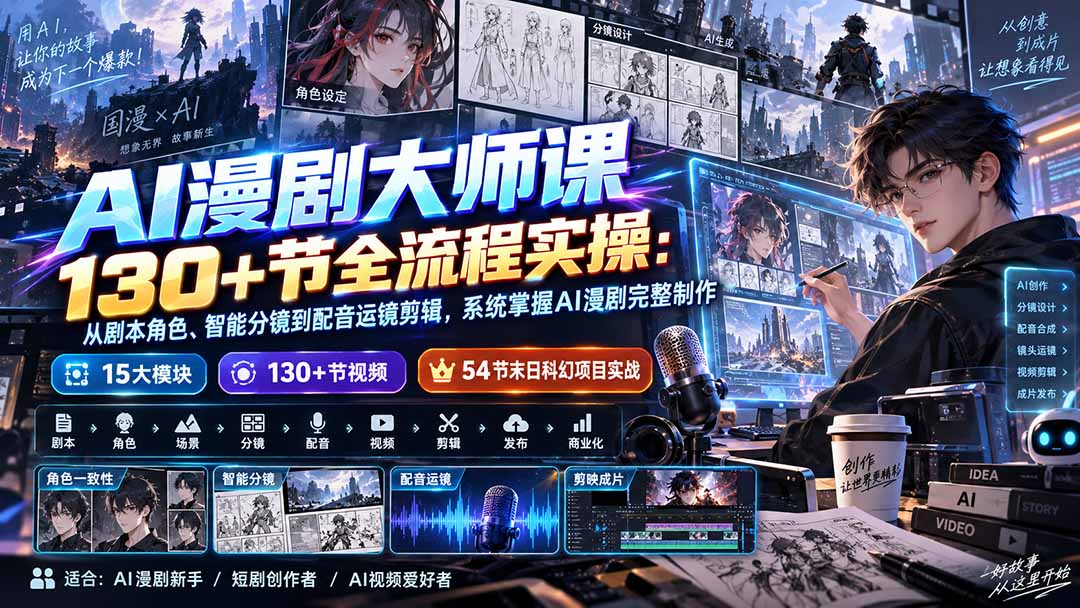 AI漫剧大师课130+节全流程实操：从剧本角色、智能分镜到配音运镜剪辑，系统掌握AI漫剧完整制作-985网创