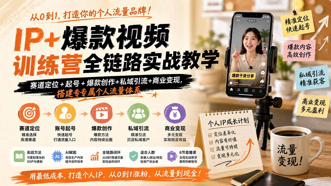 IP+爆款视频训练营全链路实战教学；赛道定位+起号+爆款创作+私域引流+商业变现，搭建专属个人流量体系-985网创