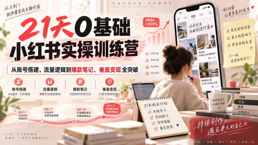 21天0基础小红书实操训练营｜从账号搭建、流量逻辑到爆款笔记、垂直变现全突破-985网创