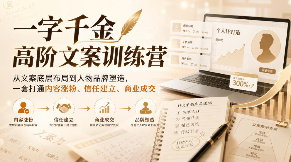 一字千金高阶文案训练营，从文案底层布局到人物品牌塑造，一套打通内容涨粉、信任建立、商业成交-985网创