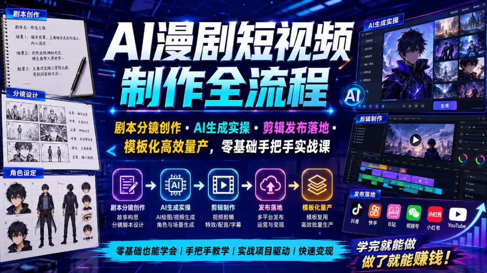 AI漫剧短视频制作全流程｜剧本分镜创作・AI生成实操・剪辑发布落地・模板化高效量产，零基础手把手实战课-985网创