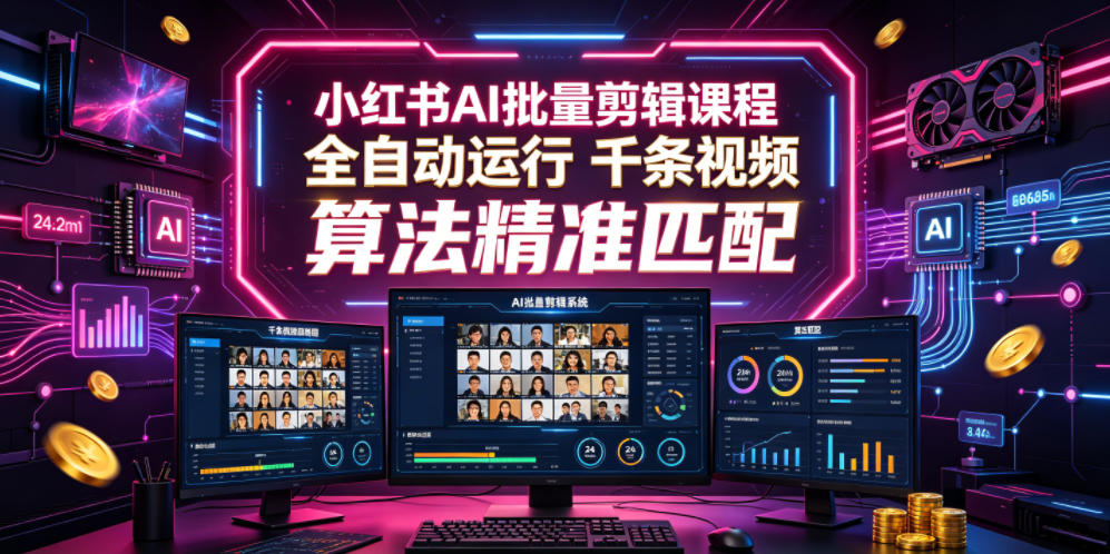 小红书AI批量剪辑课程，24小时全自动运行，解放双手专注运营，千条视频批量处理，小红书算法精准匹配-985网创