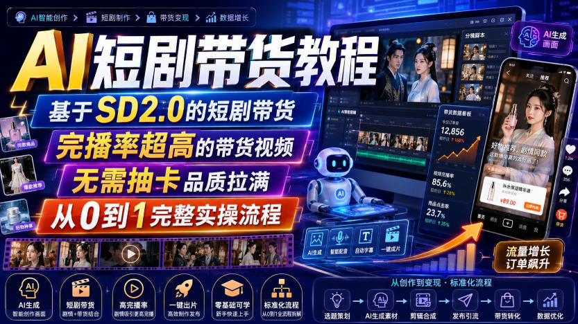 AI短剧带货教程，基于SD2.0的短剧带货，完播率超高的带货视频，无需抽卡品质拉满，从0到1完整实操流程-985网创