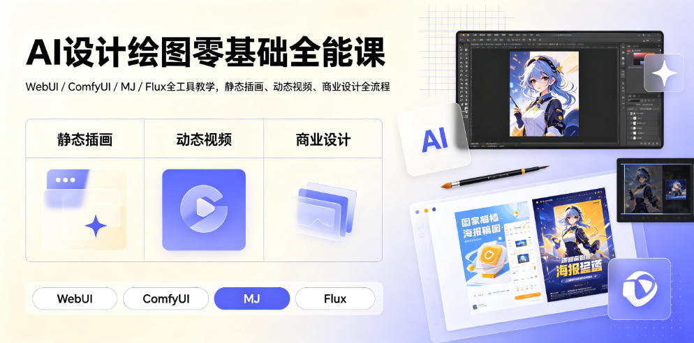 AI设计绘图零基础全能课｜WebUI/ComfyUI/MJ/Flux全工具教学，静态插画、动态视频、商业设计全流程-985网创