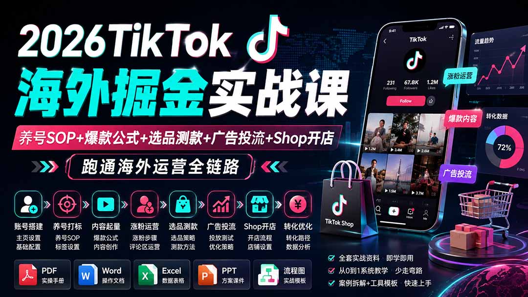 2026TikTok海外掘金实战课——养号SOP+爆款公式+选品测款+广告投流+Shop开店，跑通海外运营全链路-985网创