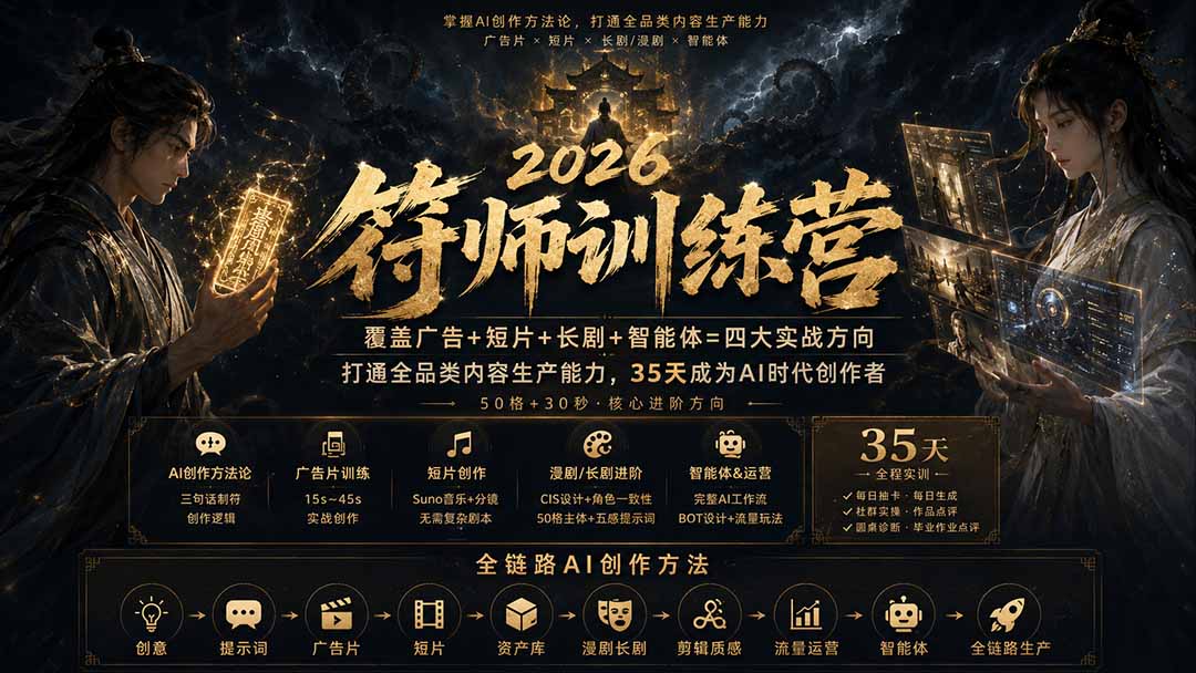 符师训练营-35天成为AI时代创作者，广告+短片+漫剧+智能体四大实战方向，掌握从创意到上线的完整工作流-985网创