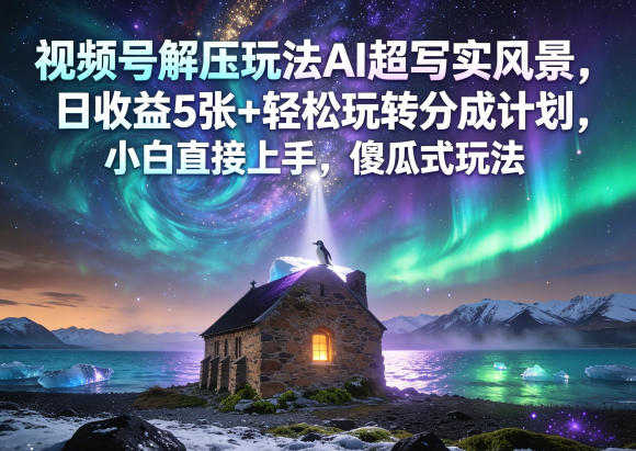 视频号解压玩法AI超写实风景，日收益5张+轻松玩转分成计划，小白直接上手，傻瓜式玩法-985网创