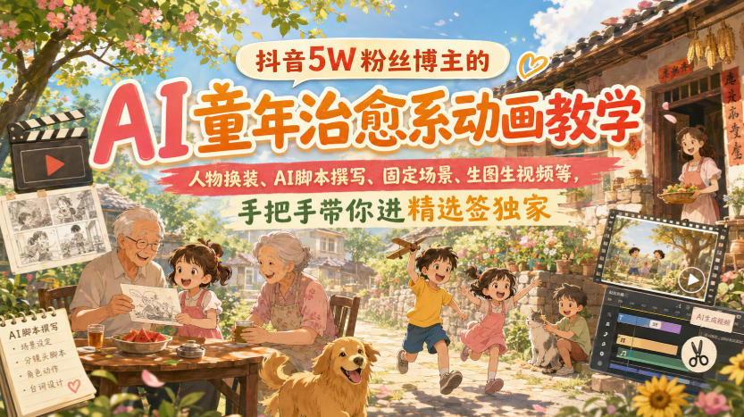 抖音5W粉丝博主的AI童年治愈系动画教学，人物换装、AI脚本撰写、固定场景、生图生视频等，手把手带你进精选签独家-985网创
