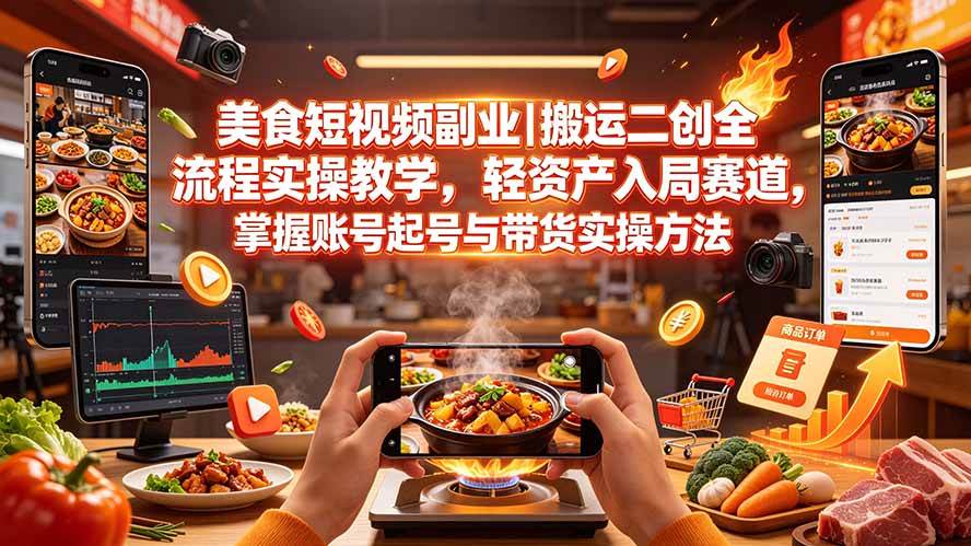 （19535期）美食短视频副业｜搬运二创全流程实操教学，轻资产入局赛道，掌握账号起号与带货实操方法-985网创