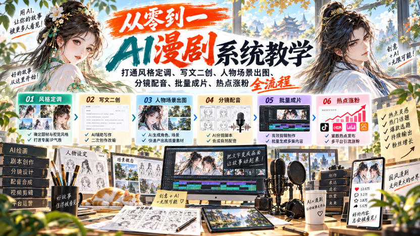 从零到一AI漫剧系统教学，打通风格定调、写文二创、人物场景出图、分镜配音、批量成片、热点涨粉全流程-985网创