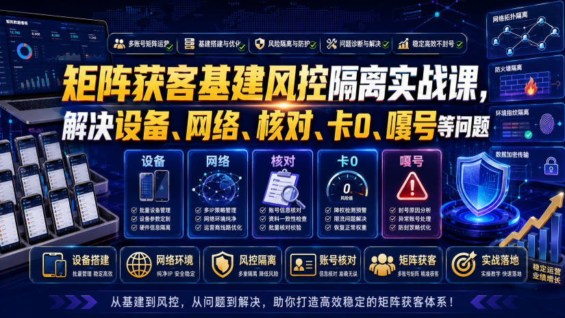 矩阵获客基建风控隔离实战课，解决设备、网络、核对、卡0、嘎号等问题-985网创