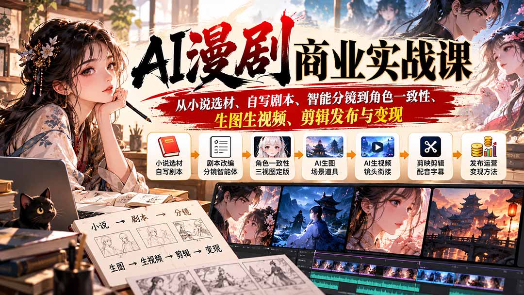 AI漫剧商业实战课：从小说选材、自写剧本、智能分镜到角色一致性、生图生视频、剪辑发布与变现-985网创