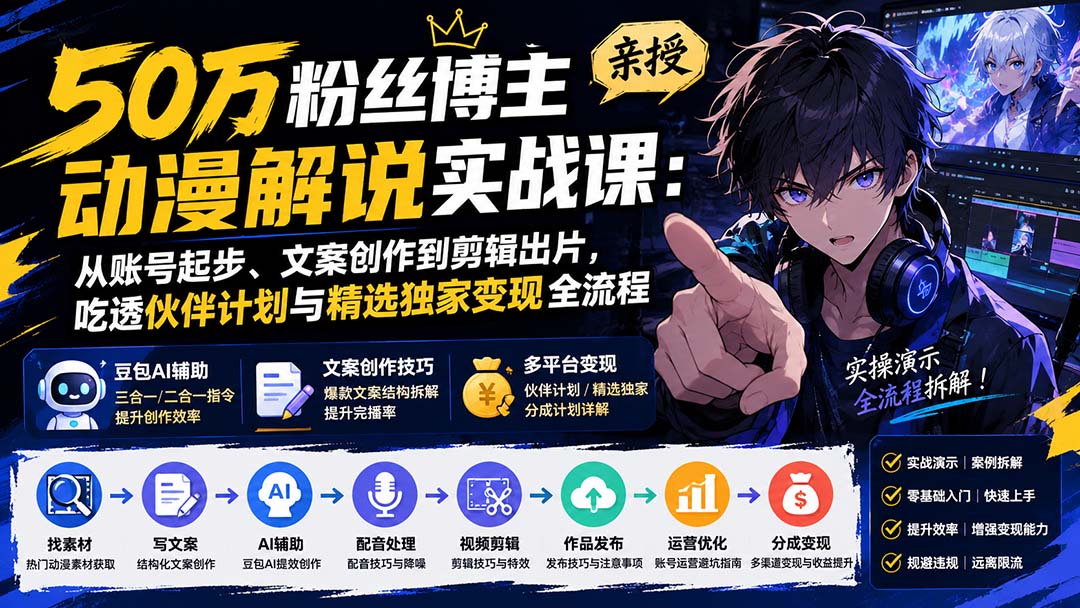 50万粉丝博主亲授动漫解说实战课：从账号起步、文案创作到剪辑出片，吃透伙伴计划与精选独家变现全流程-985网创