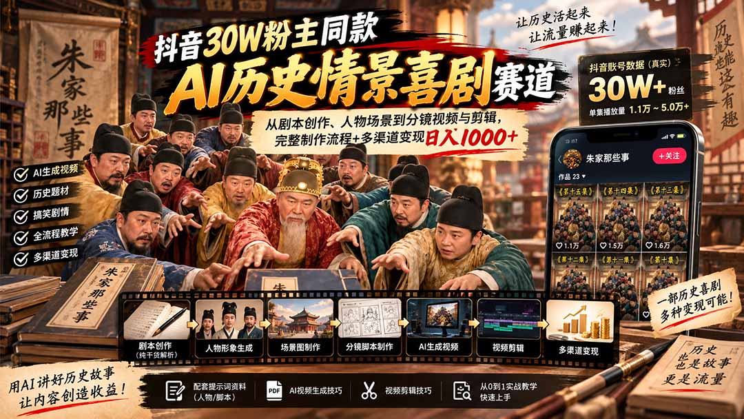 抖音30W粉博主同款AI历史情景喜剧赛道：从剧本创作、人物场景到分镜视频与剪辑，完整制作流程+多渠道变现日入1000+-985网创