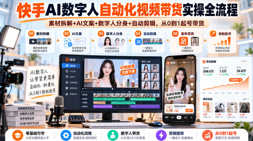 快手AI数字人自动化视频带货实操全流程｜素材拆解+AI文案+数字人分身+自动剪辑，从0到1起号带货(更新26年)-985网创