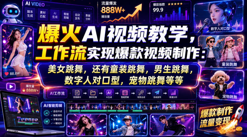 爆火AI视频教学，工作流实现爆款视频制作：美女跳舞，还有童装跳舞，男生跳舞，数字人对口型，宠物跳舞等等-985网创