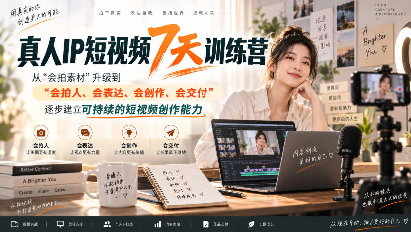 真人IP短视频7天训练营，从“会拍素材”升级到“会拍人、会表达、会创作、会交付”，逐步建立可持续的短视频创作能力-985网创