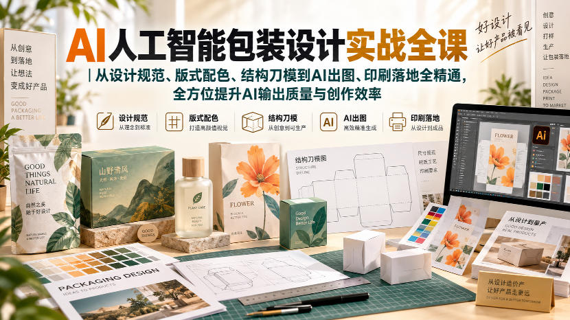 AI人工智能包装设计实战全课｜从设计规范、版式配色、结构刀模到AI出图、印刷落地全精通-985网创