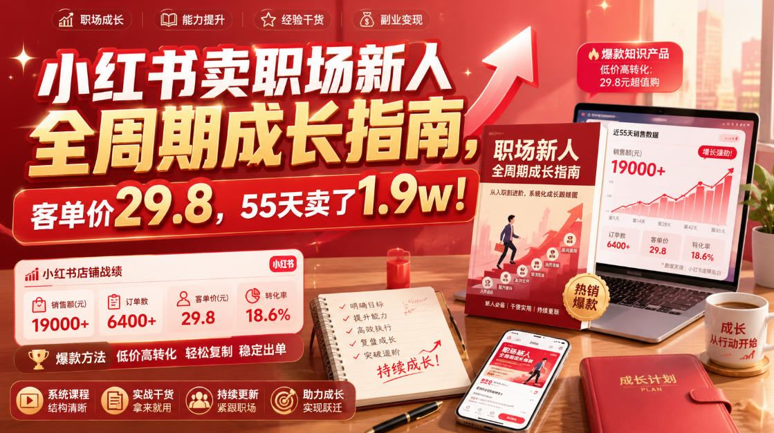 小红书卖职场新人全周期成长指南，客单价29.8，55天卖了1.9w！-985网创