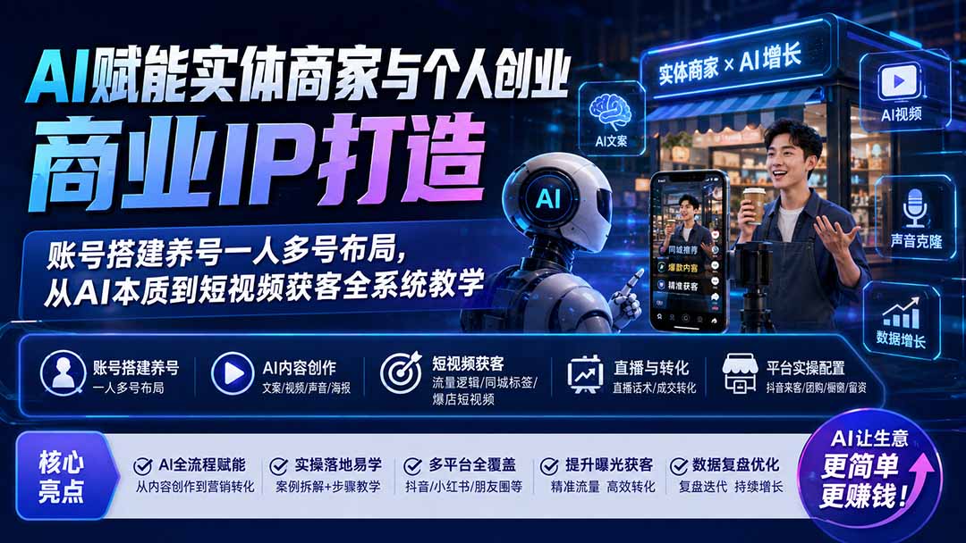 AI赋能实体商家与个人创业商业IP打造；账号搭建养号一人多号布局，从AI本质到短视频获客全系统教学-985网创