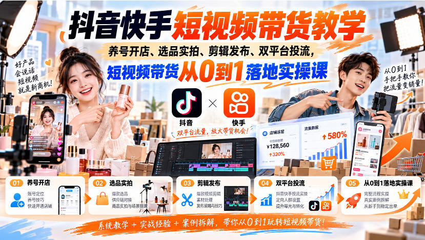 抖音快手短视频带货教学｜养号开店、选品实拍、剪辑发布、双平台投流，短视频带货从0到1落地实操课-985网创