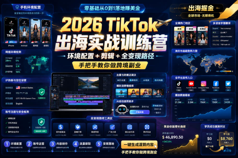 2026 TikTok出海实战训练营，环境配置 + 剪辑 + 全变现路径，手把手教你做跨境副业-985网创