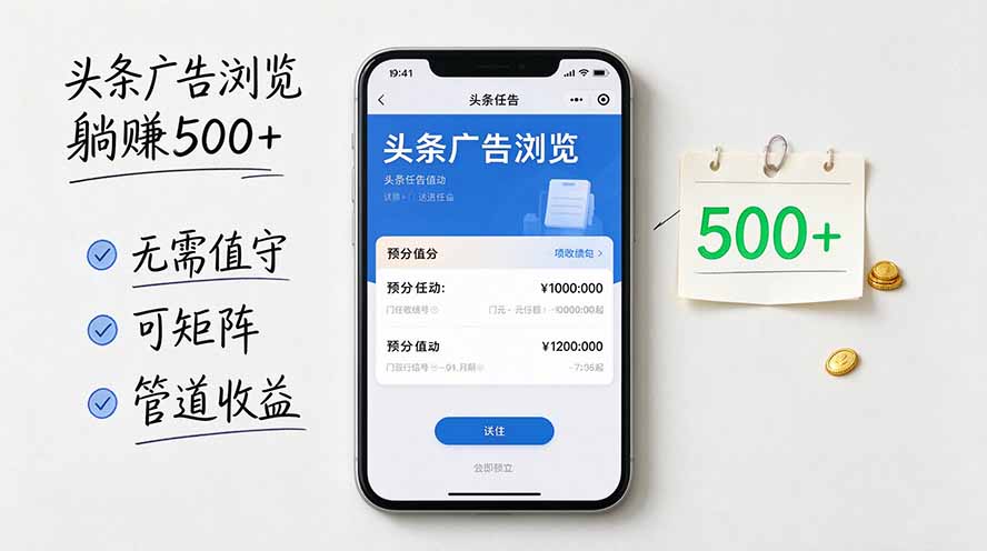 头条广告浏览躺赚500+无需值守，可矩阵并附有管道收益-985网创